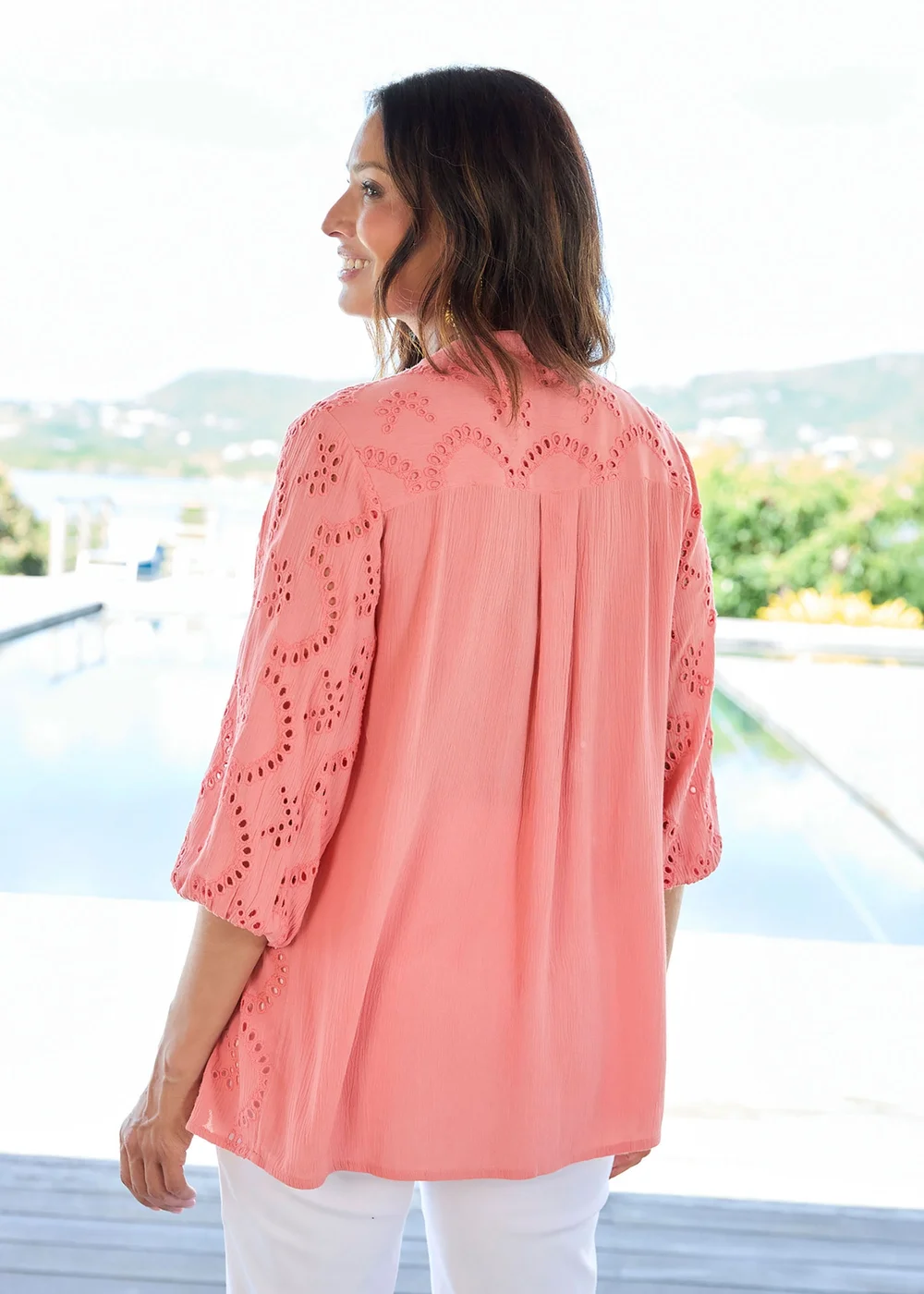 Cotton Traders Peach 3/4 Sleeve Broderie Blouse - 10 Image 3