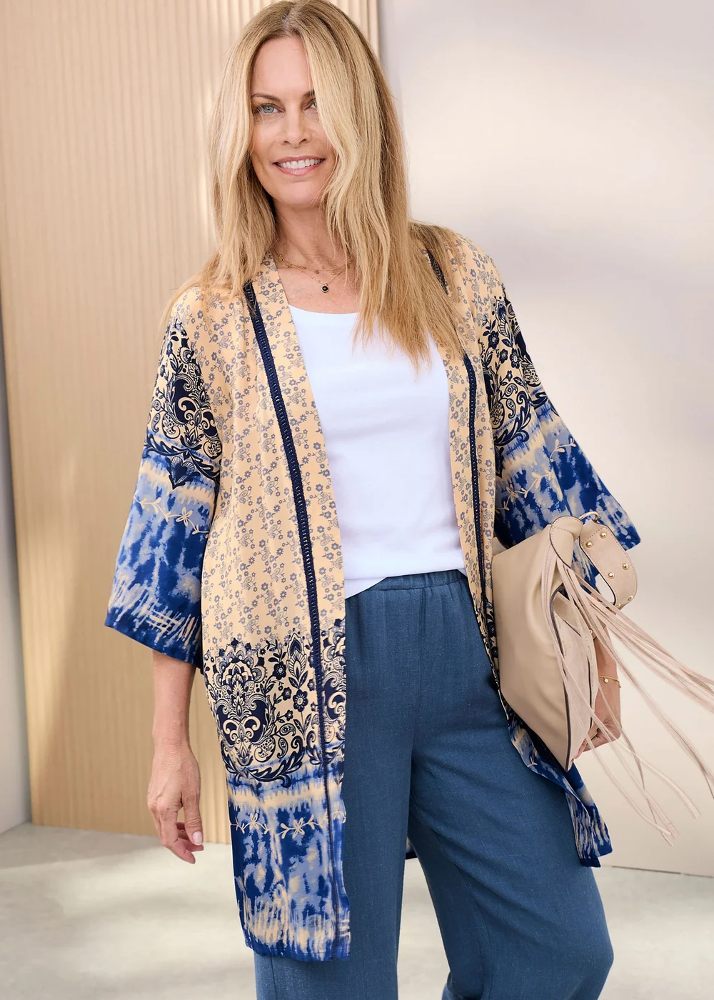 Cotton Traders Steel Blue Long Printed Kimono - 20 Image 1