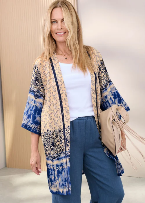 Cotton Traders Steel Blue Long Printed Kimono - 20 Image 1