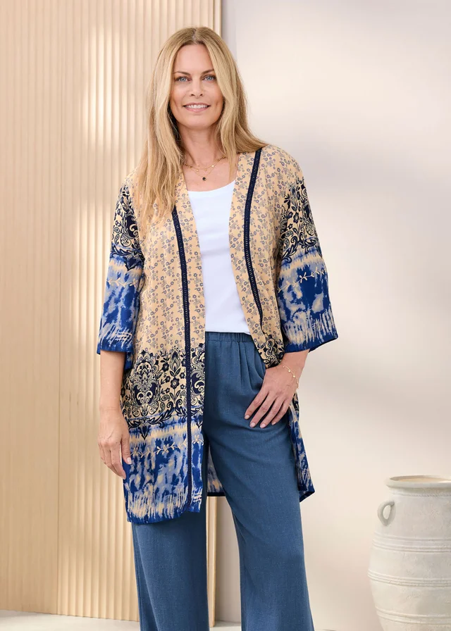 Cotton Traders Steel Blue Long Printed Kimono