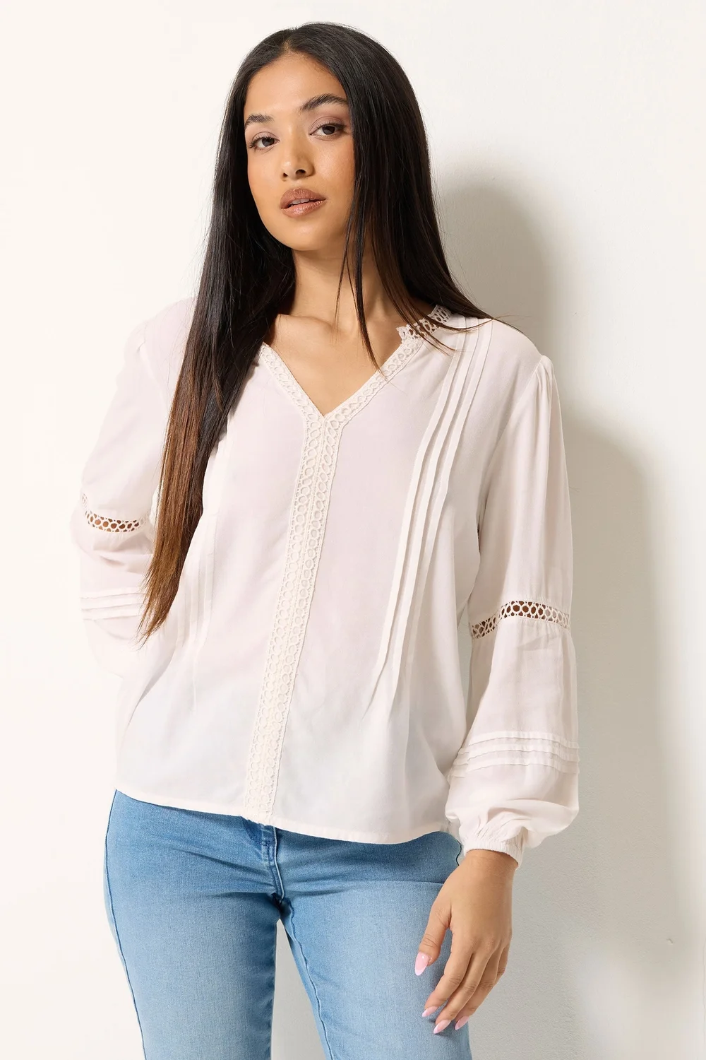 M&Co Petite Ivory White Crochet Trim Pintuck Blouse - 18 Image 1