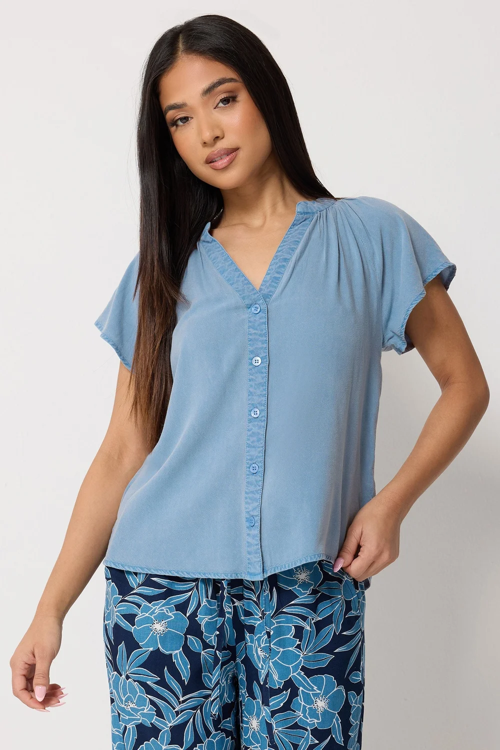 M&Co Petite Blue Denim Button Blouse - 14 Image 1