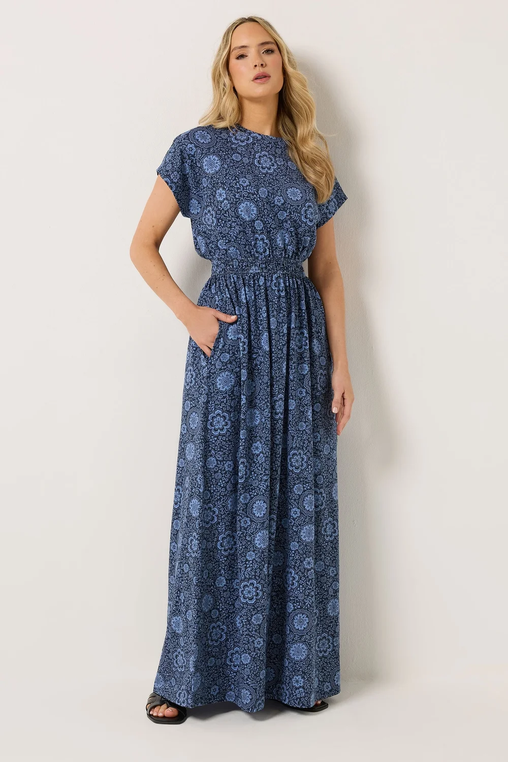 Long Tall Sally Blue Floral Shirred Waist Cotton Maxi Dress - 14 Image 2