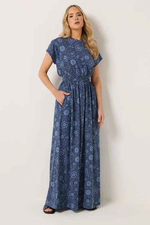 Long Tall Sally Blue Floral Shirred Waist Cotton Maxi Dress - 14 Image 2