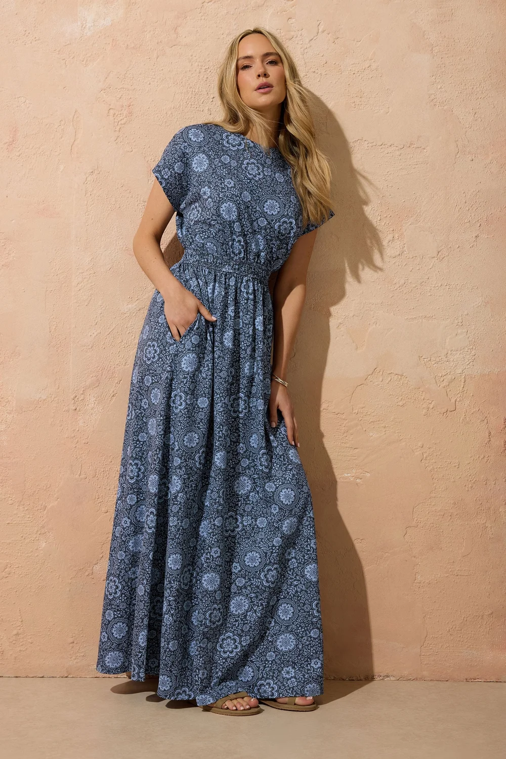 Long Tall Sally Blue Floral Shirred Waist Cotton Maxi Dress - 14 Image 1