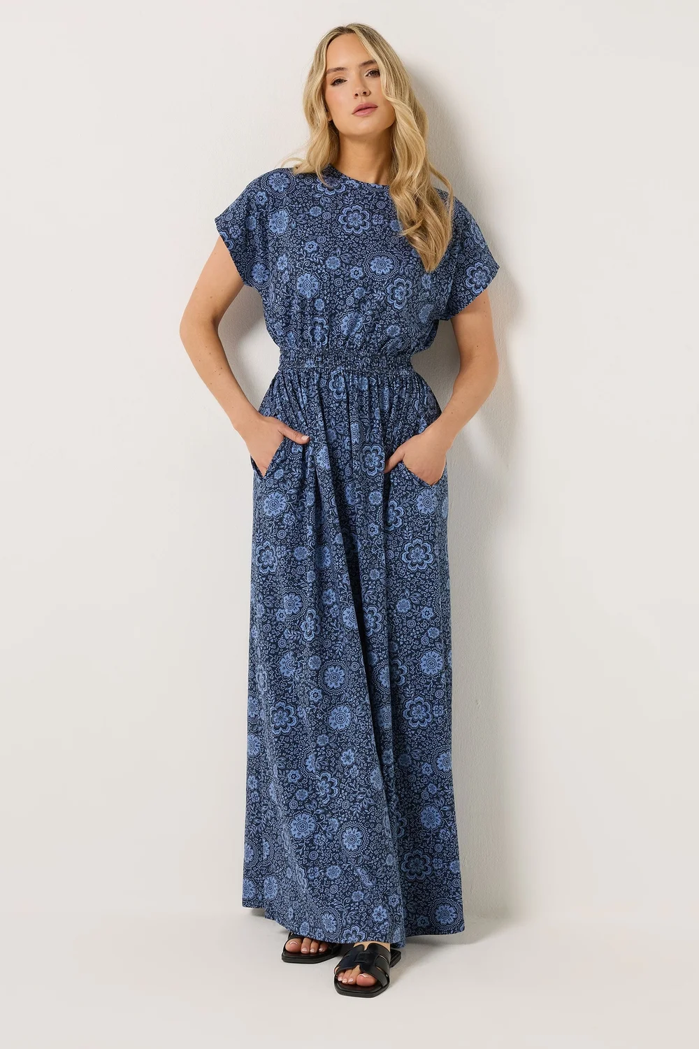 Long Tall Sally Blue Floral Shirred Waist Cotton Maxi Dress - 14 Image 3