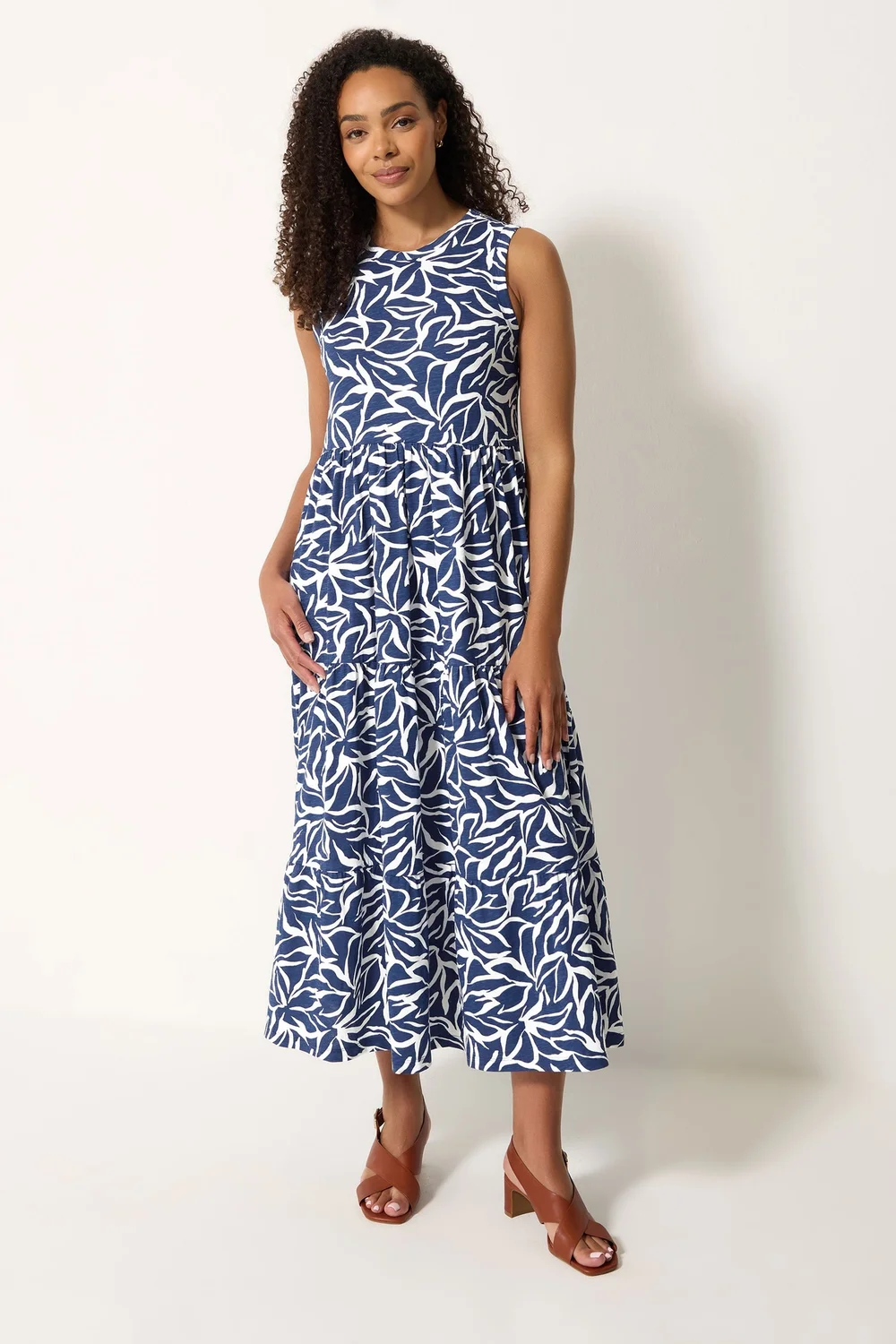 M&Co Navy Blue Abstract Print Cotton Tiered Maxi Dress - 16 Image 2