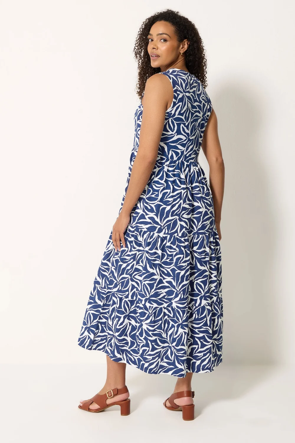 M&Co Navy Blue Abstract Print Cotton Tiered Maxi Dress - 16 Image 4