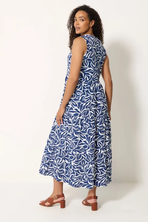 M&Co Navy Blue Abstract Print Cotton Tiered Maxi Dress - 16 Image 4