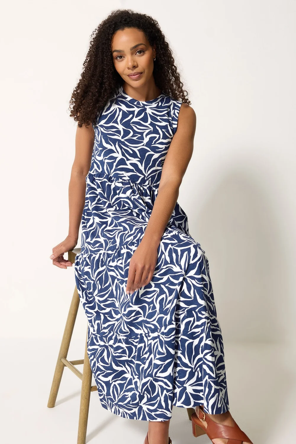 M&Co Navy Blue Abstract Print Cotton Tiered Maxi Dress - 16 Image 3