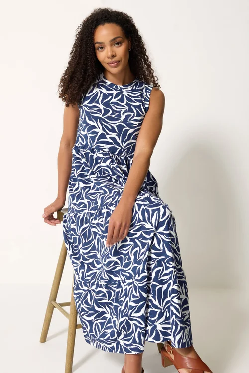 M&Co Navy Blue Abstract Print Cotton Tiered Maxi Dress - 16 Image 3