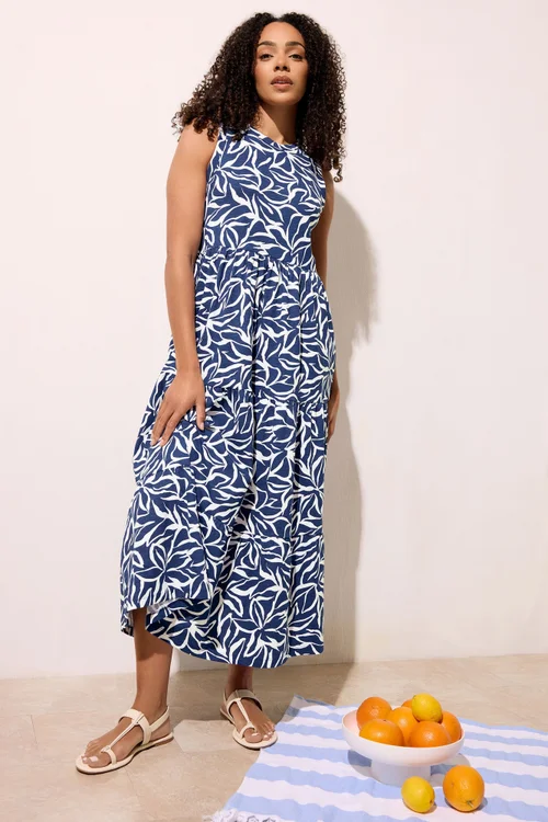 M&Co Navy Blue Abstract Print Cotton Tiered Maxi Dress - 16 Image 1