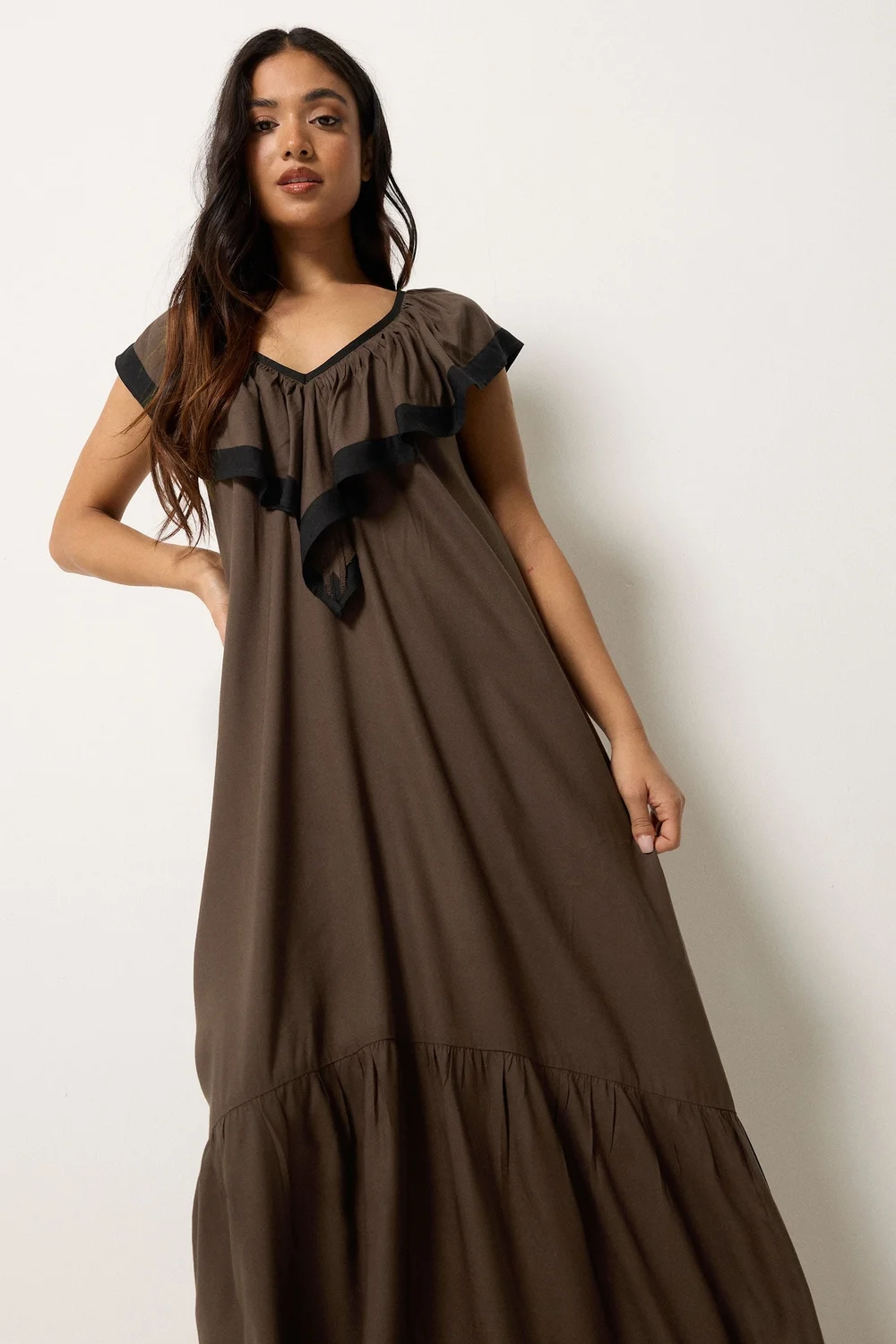 PixieGirl Petite Chocolate Brown Frill Midi Dress - 18 Image 2
