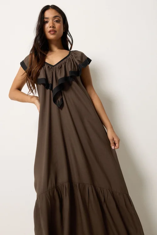 PixieGirl Petite Chocolate Brown Frill Midi Dress - 18 Image 2