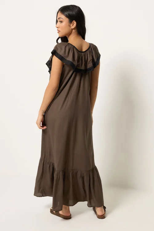 PixieGirl Petite Chocolate Brown Frill Midi Dress - 18 Image 3