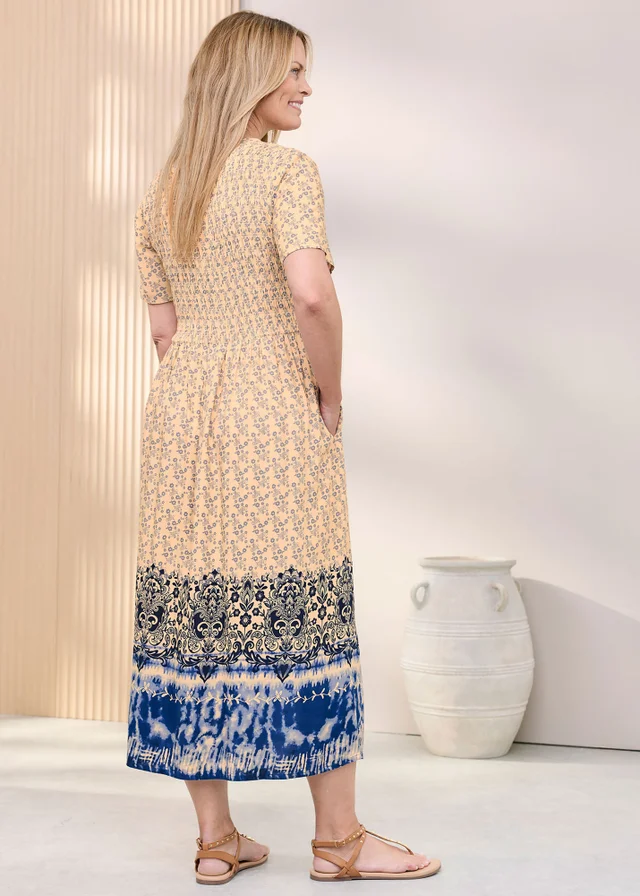 Cotton Traders Steel Blue V- Neck Printed Maxi Dress