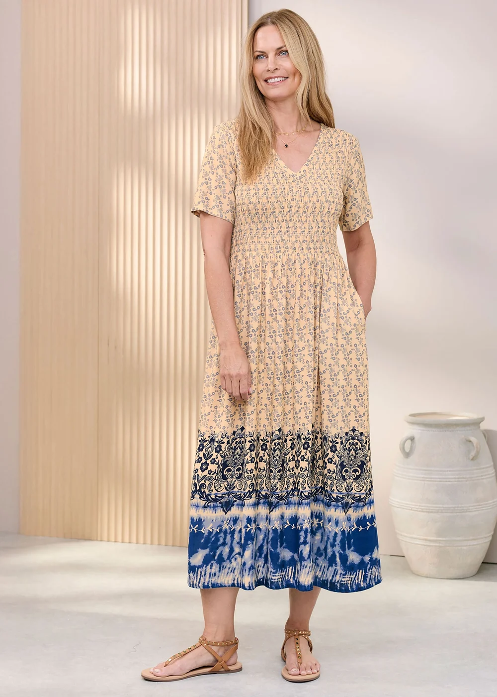Cotton Traders Steel Blue V- Neck Printed Maxi Dress - 12 Image 1