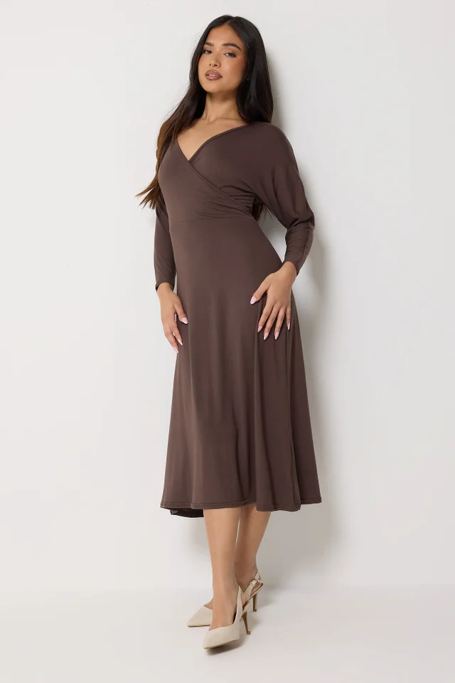 PixieGirl Petite Chocolate Brown Wrap Midi Dress
