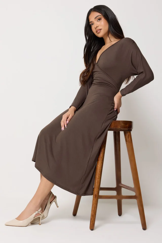 PixieGirl Petite Chocolate Brown Wrap Midi Dress