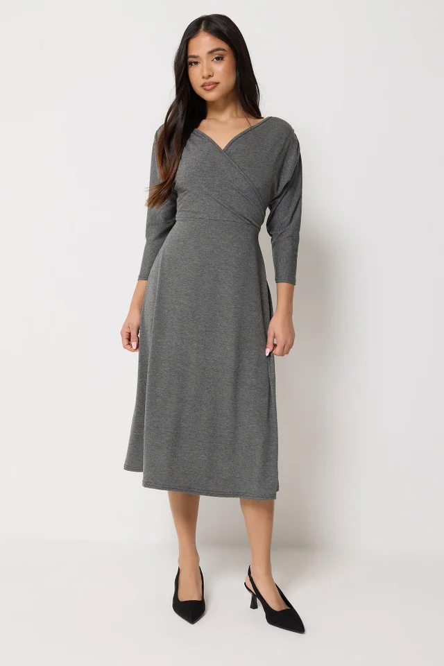 PixieGirl Petite Charcoal Grey Wrap Midi Dress