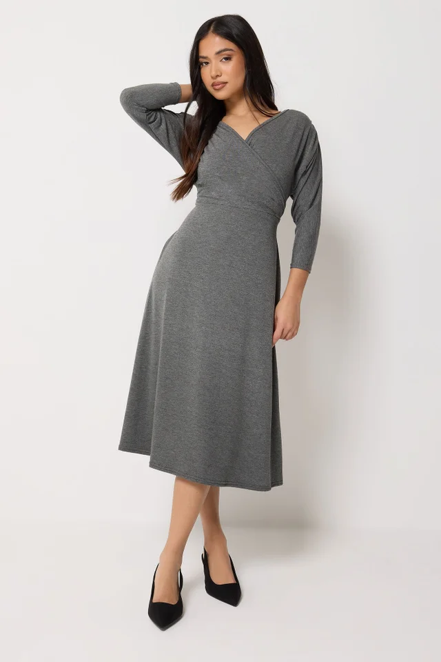 PixieGirl Petite Charcoal Grey Wrap Midi Dress