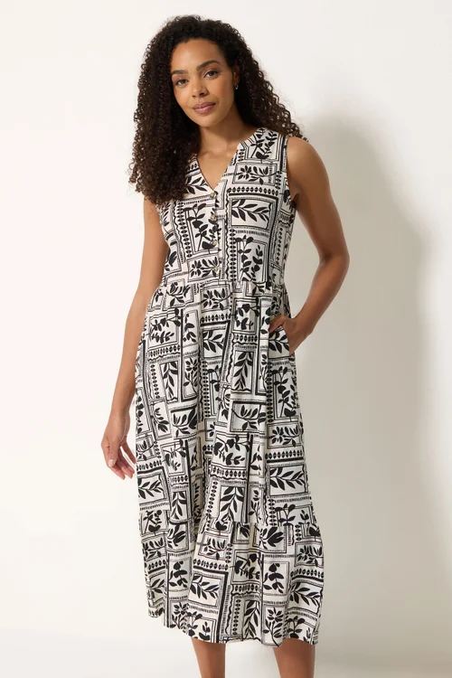 M&Co Black Leaf Print Cotton Sleeveless Midi Dress - 14 Image 1