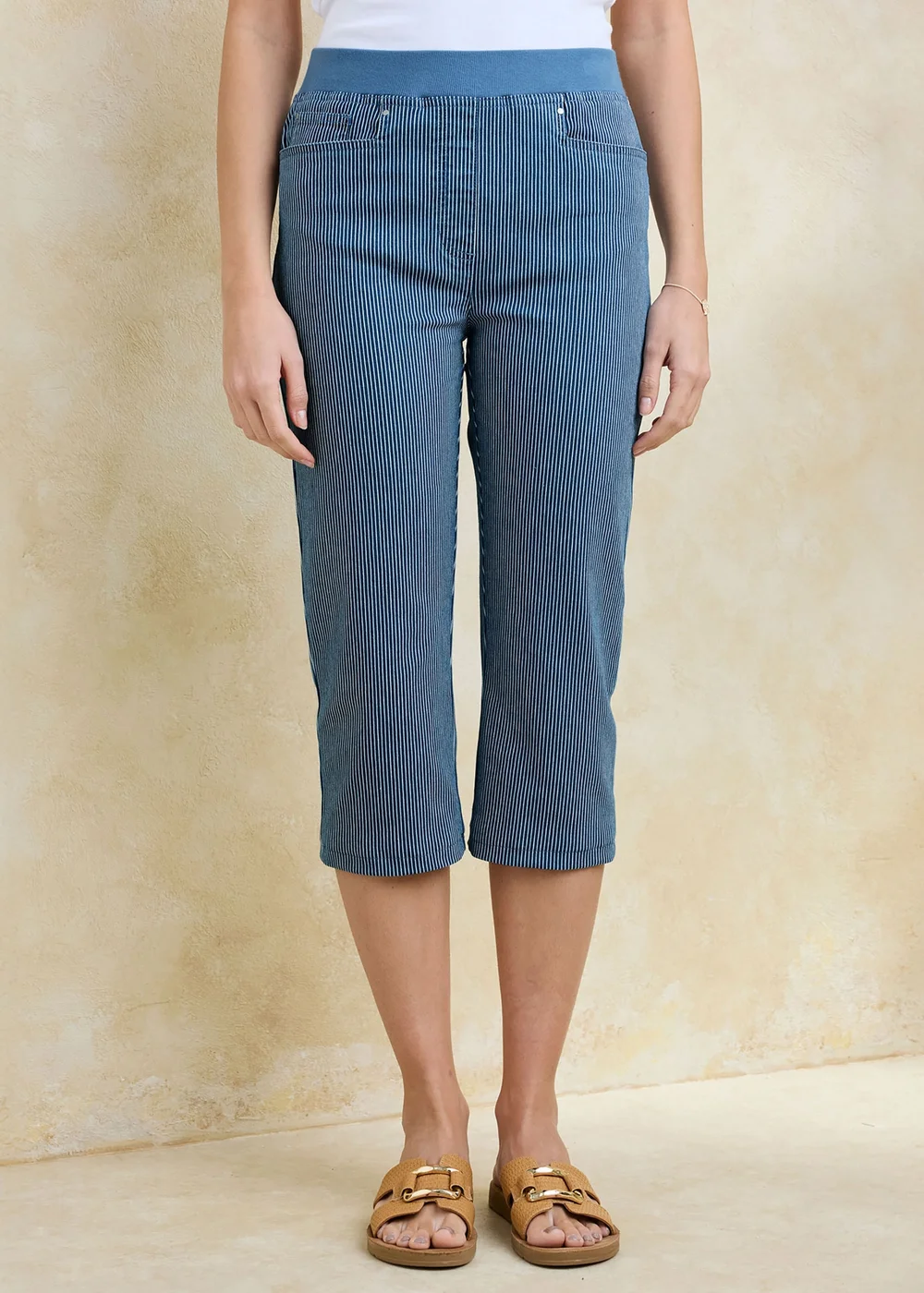 Cotton Traders Washed Blue Premium Pull On Rib Waist Stripe Cropped Denim Jeans - 22 Image 2