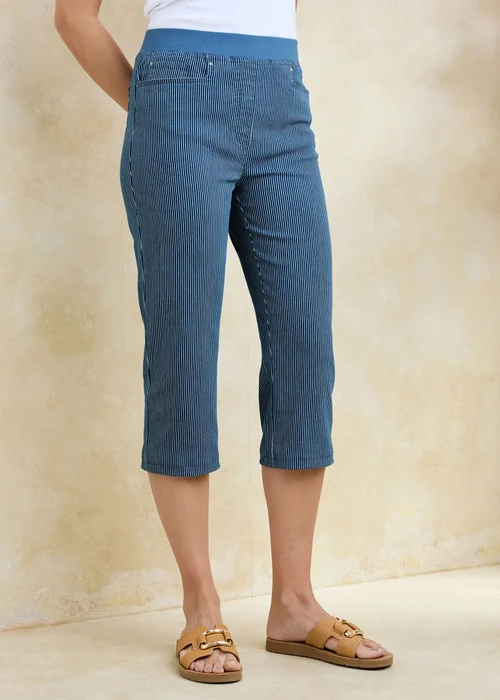 Cotton Traders Washed Blue Premium Pull On Rib Waist Stripe Cropped Denim Jeans - 22 Image 1