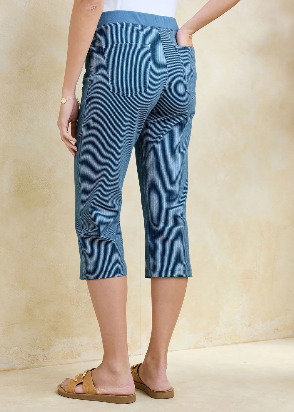 Cotton Traders Washed Blue Premium Pull On Rib Waist Stripe Cropped Denim Jeans - 22 Image 3