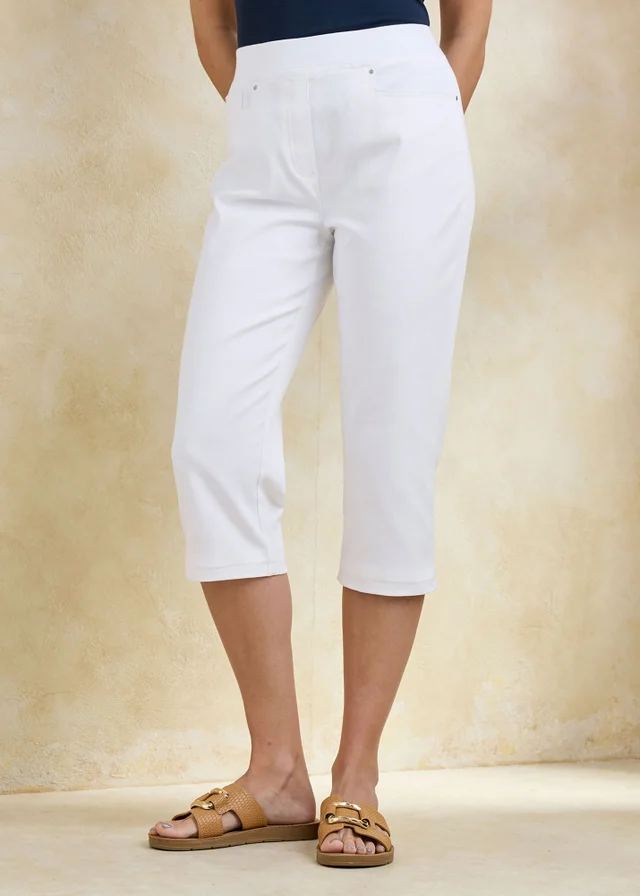 Cotton Traders White Premium Pull On Rib Waist Cropped Twill Jeans