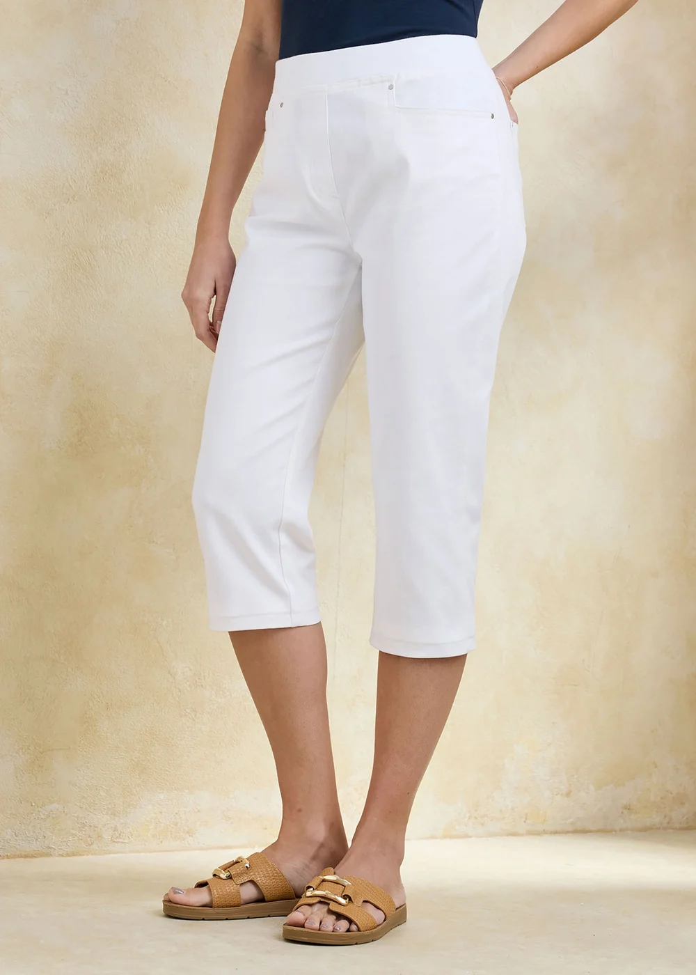 Cotton Traders White Premium Pull On Rib Waist Cropped Twill Jeans - 16 Image 1