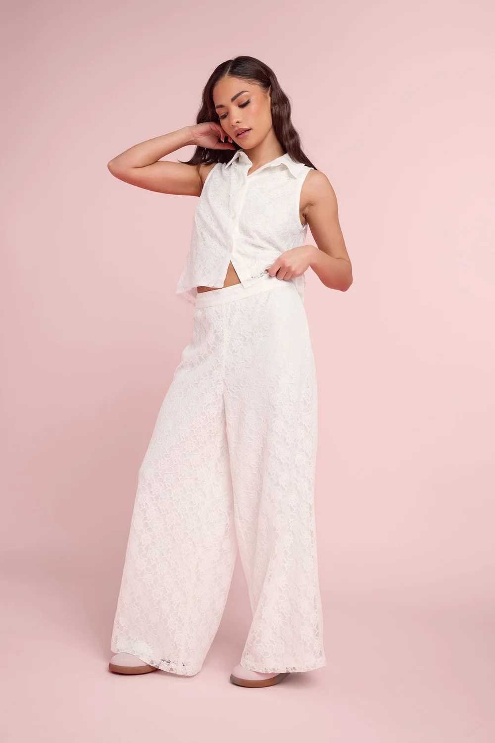 PixieGirl Petite White Lace Lined Shirt & Wide Leg Trousers Set - 16 Image 1