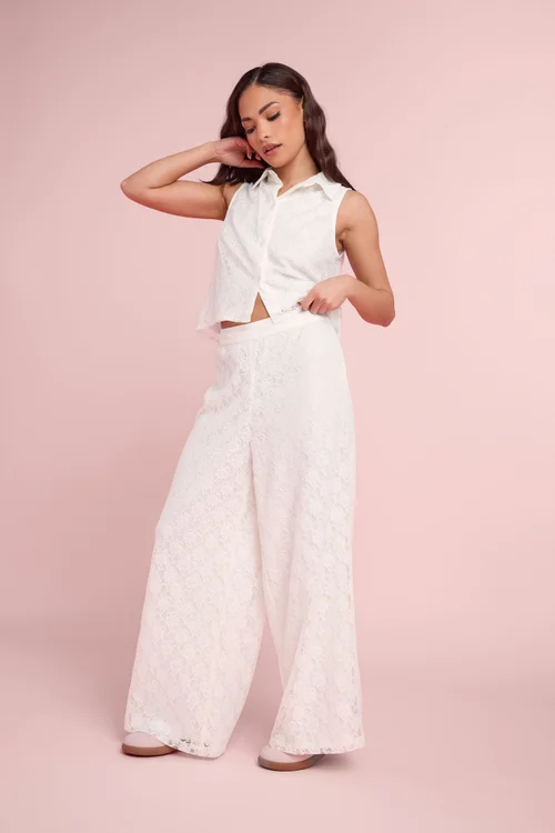 PixieGirl Petite White Lace Lined Shirt & Wide Leg Trousers Set - 16 Image 1