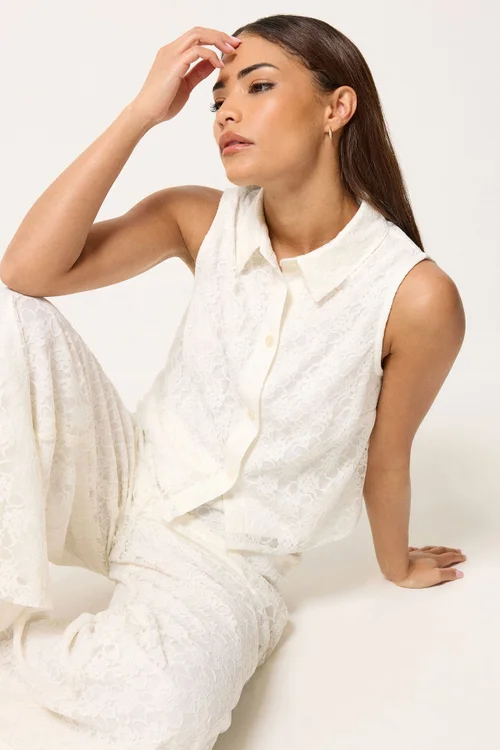 PixieGirl Petite White Lace Lined Shirt & Wide Leg Trousers Set - 16 Image 4