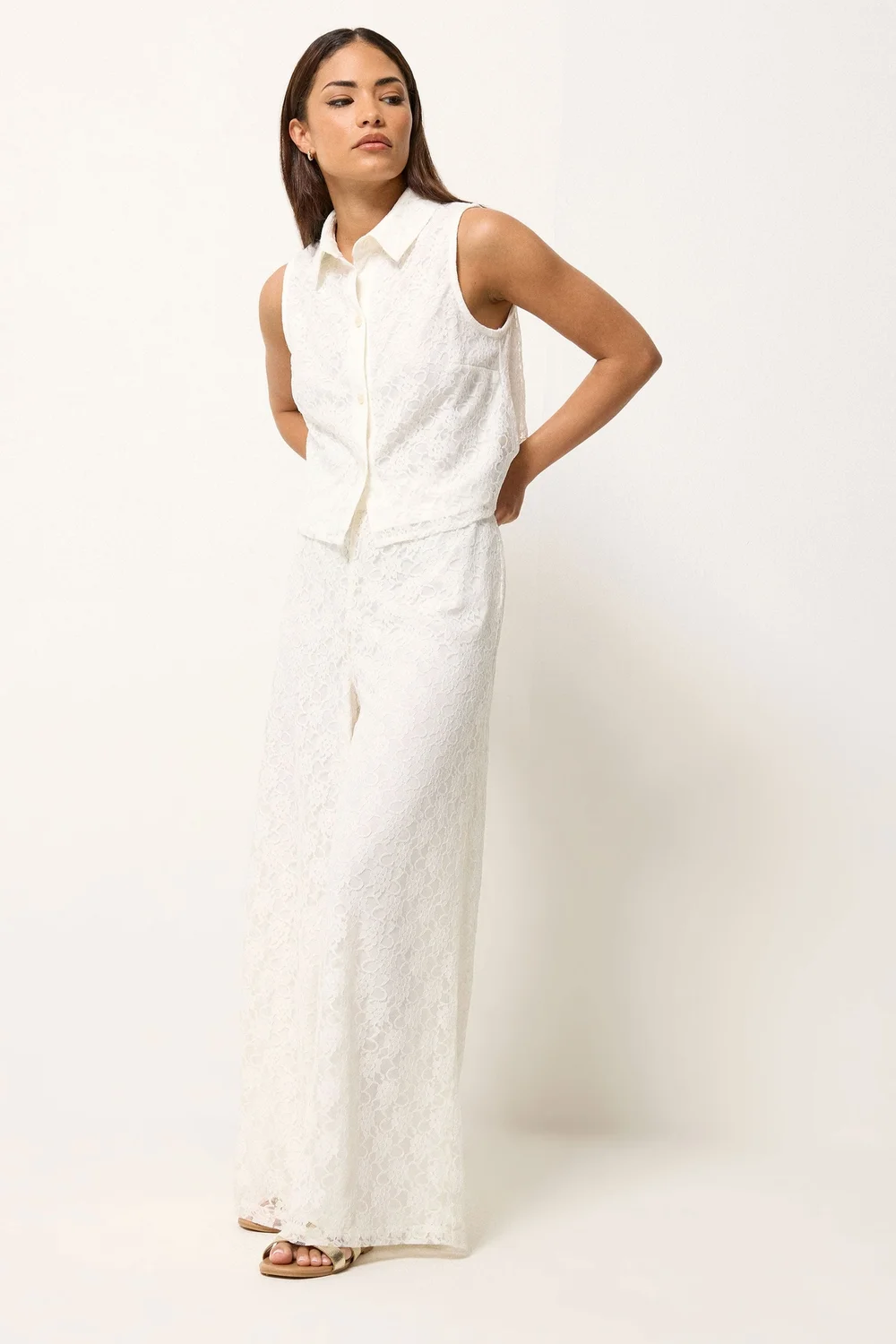 PixieGirl Petite White Lace Lined Shirt & Wide Leg Trousers Set - 16 Image 2