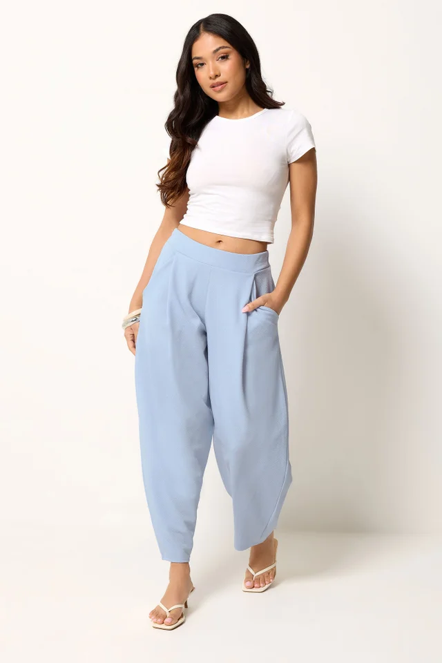 PixieGirl Petite Blue Crinkle Barrel Leg Trousers