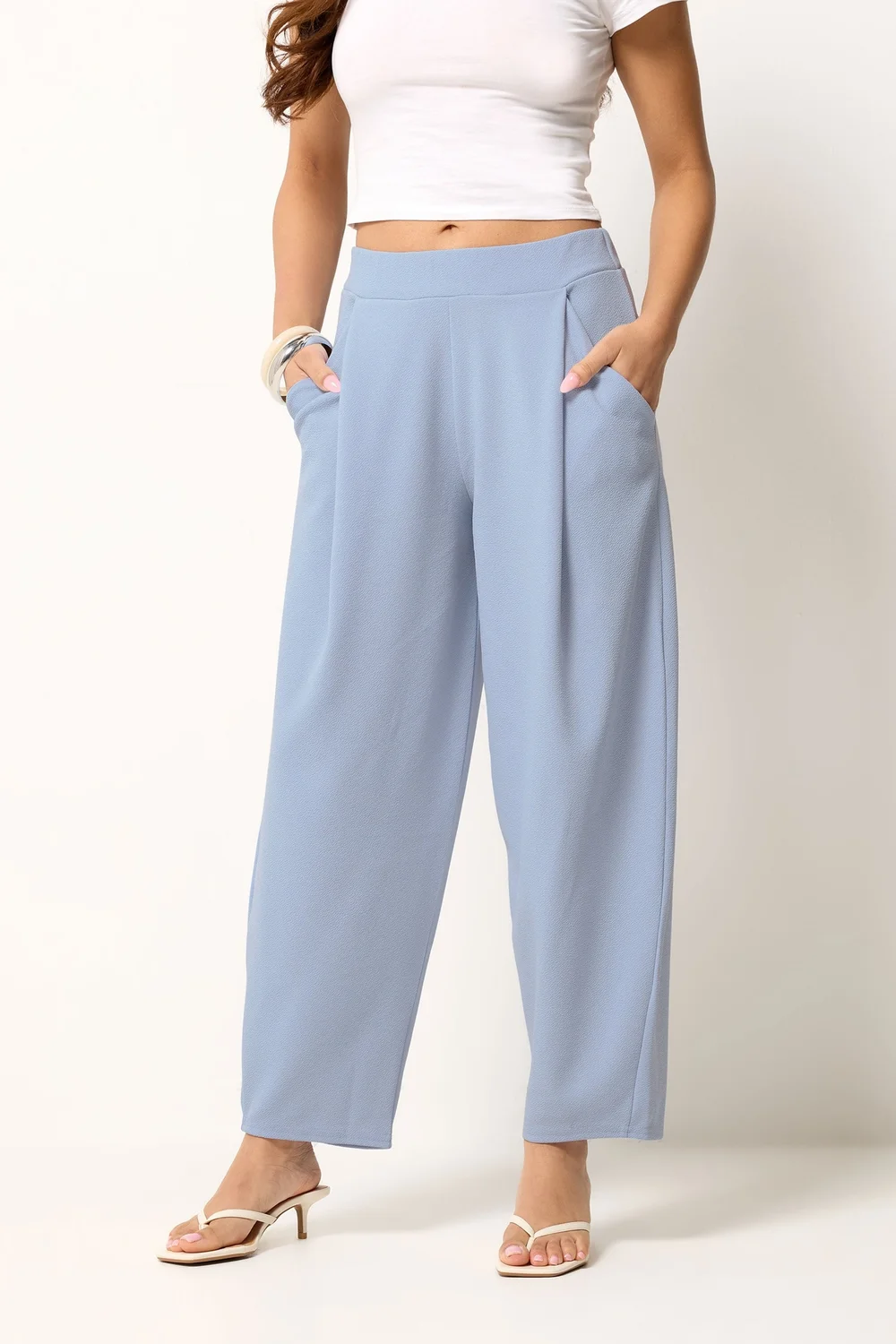 PixieGirl Petite Blue Crinkle Barrel Leg Trousers - 8/L27 Image 2