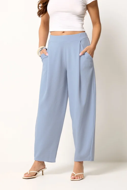 PixieGirl Petite Blue Crinkle Barrel Leg Trousers - 8/L27 Image 2