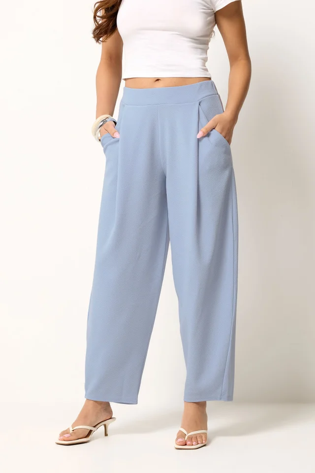 PixieGirl Petite Blue Crinkle Barrel Leg Trousers