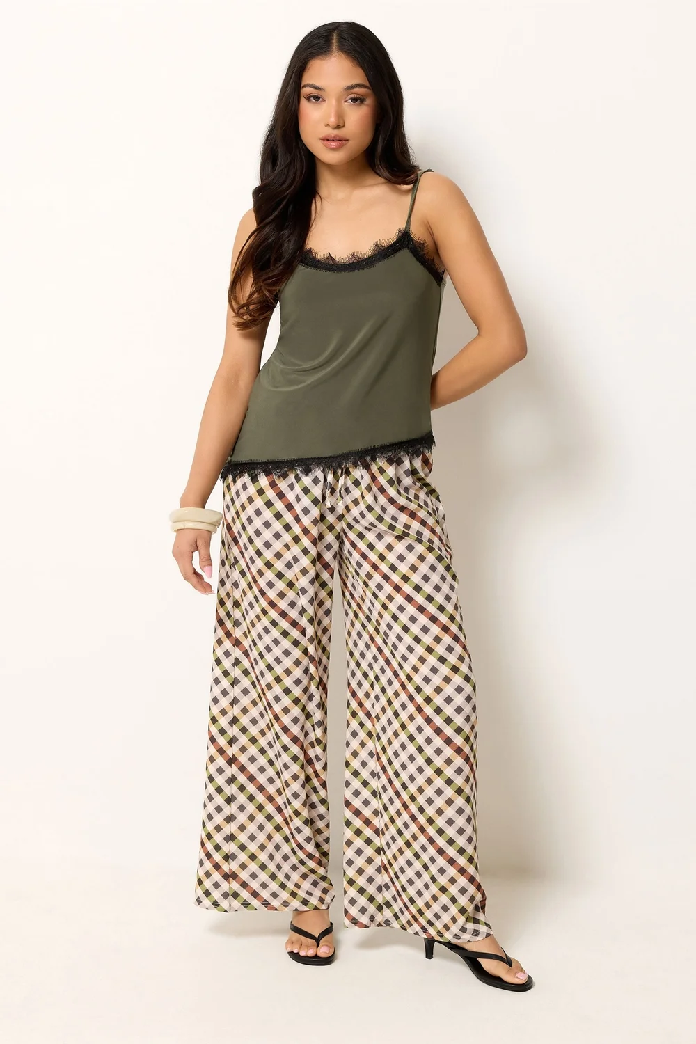 PixieGirl Petite Khaki Green Lace Trim Asymmetric Vest Top - 12 Image 2