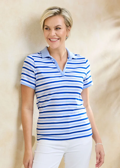 Cotton Traders Bluebell Wrinkle Free Short Sleeve Stripe Polo - 26 Image 2
