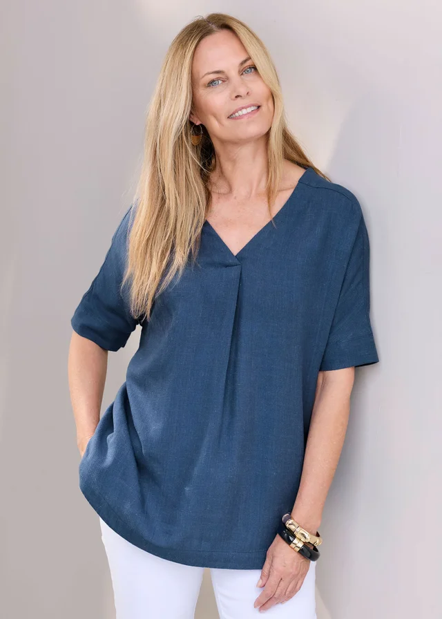 Cotton Traders Steel Blue Viscose Linen Blend Top
