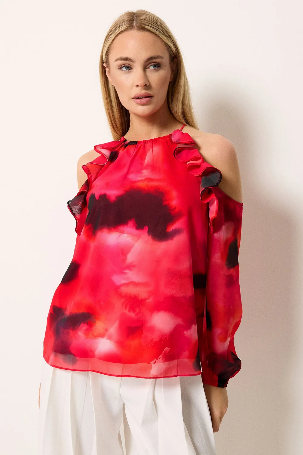 Star By Julien Macdonald Red Blurred Floral Cold Shoulder Top - 22 Image 1