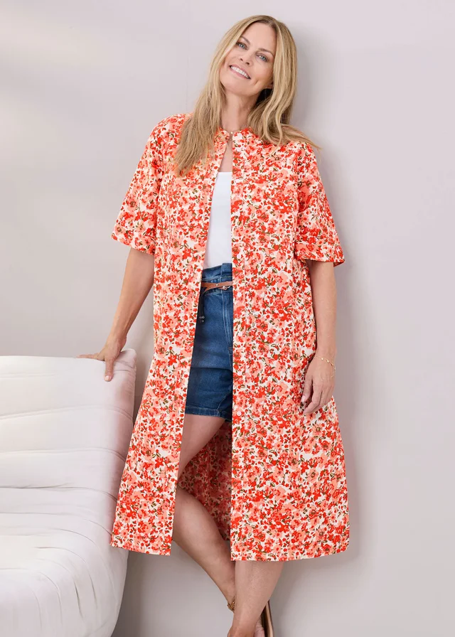 Cotton Traders Burnt Orange Long Printed Cotton Overshirt
