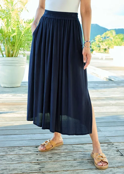 Cotton Traders Navy Pull On Crinkle Maxi Skirt - 20 Image 1