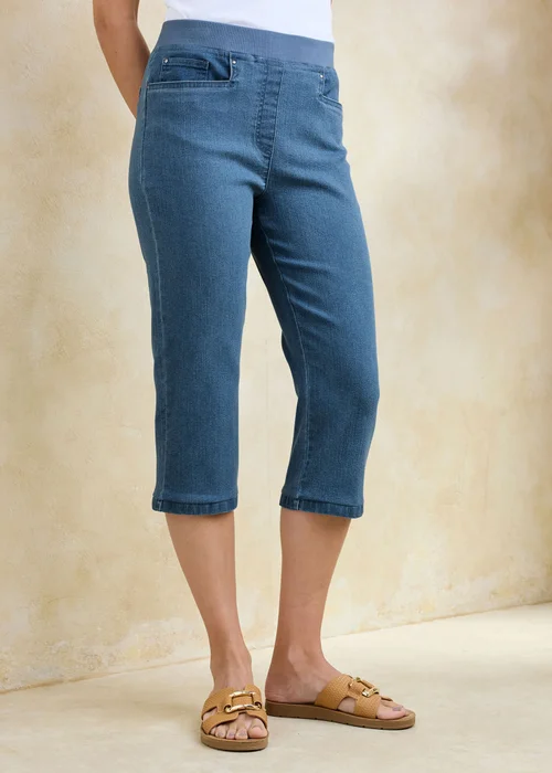 Cotton Traders Washed Blue Premium Pull On Rib Waist Cropped Denim Jeans - 12 Image 2