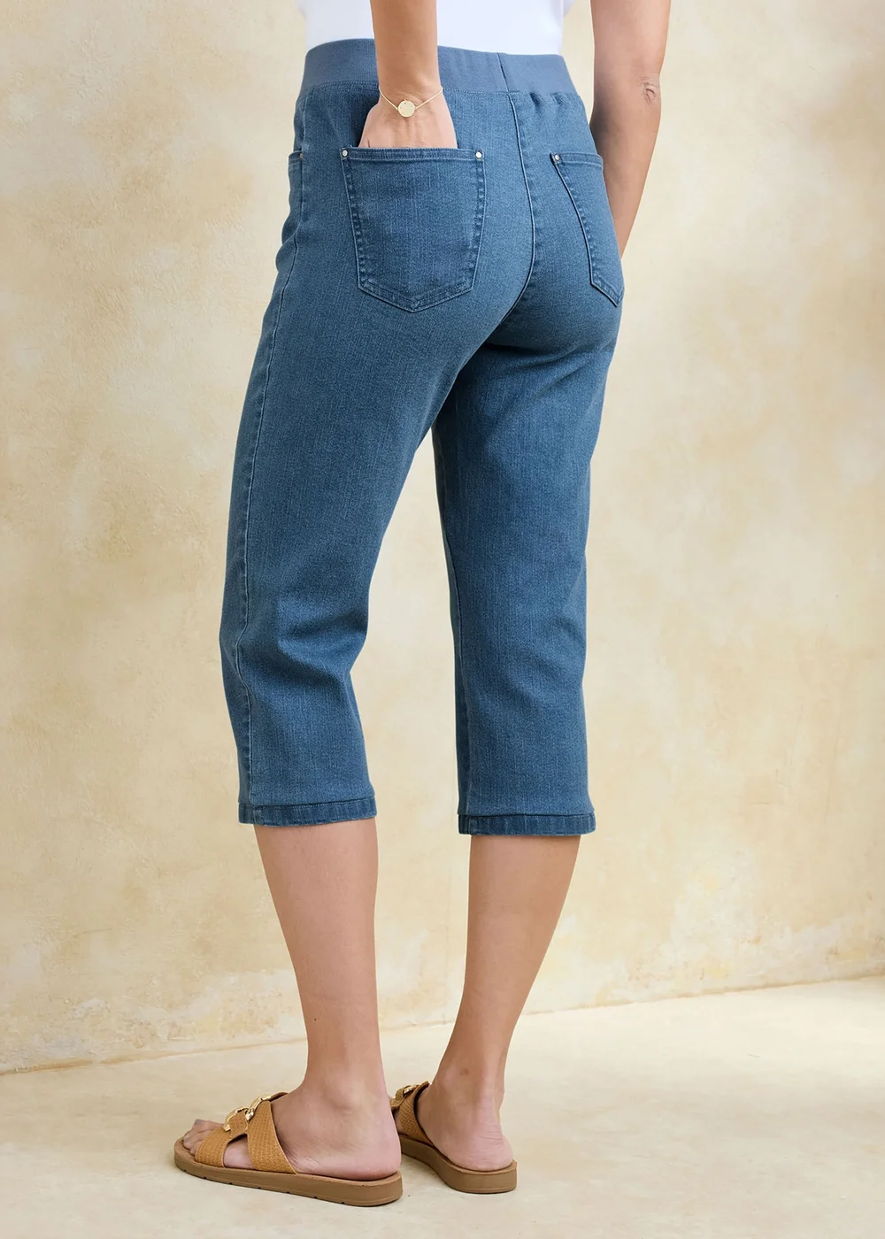 Cotton Traders Washed Blue Premium Pull On Rib Waist Cropped Denim Jeans - 12 Image 3