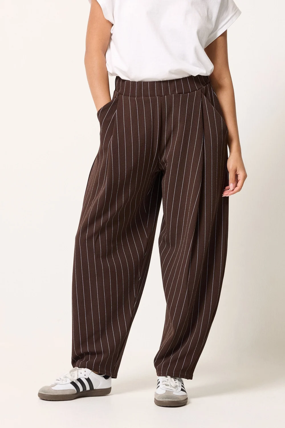 PixieGirl Petite Chocolate Brown Pinstripe Barrel Leg Trousers - 6/L27 Image 2