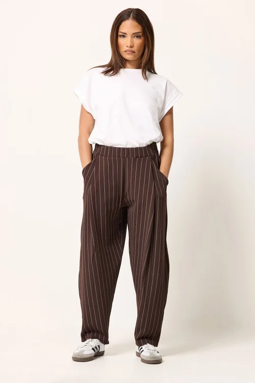 PixieGirl Petite Chocolate Brown Pinstripe Barrel Leg Trousers - 6/L27 Image 1