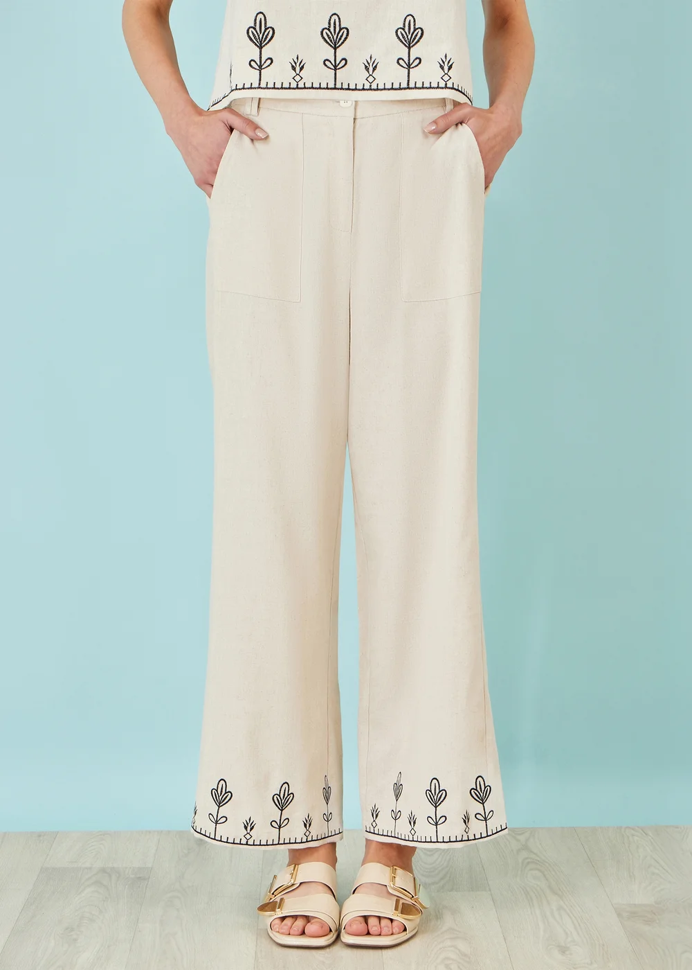 Yumi Ivory Linen Mix Embroirdered Trousers - 18 Image 1